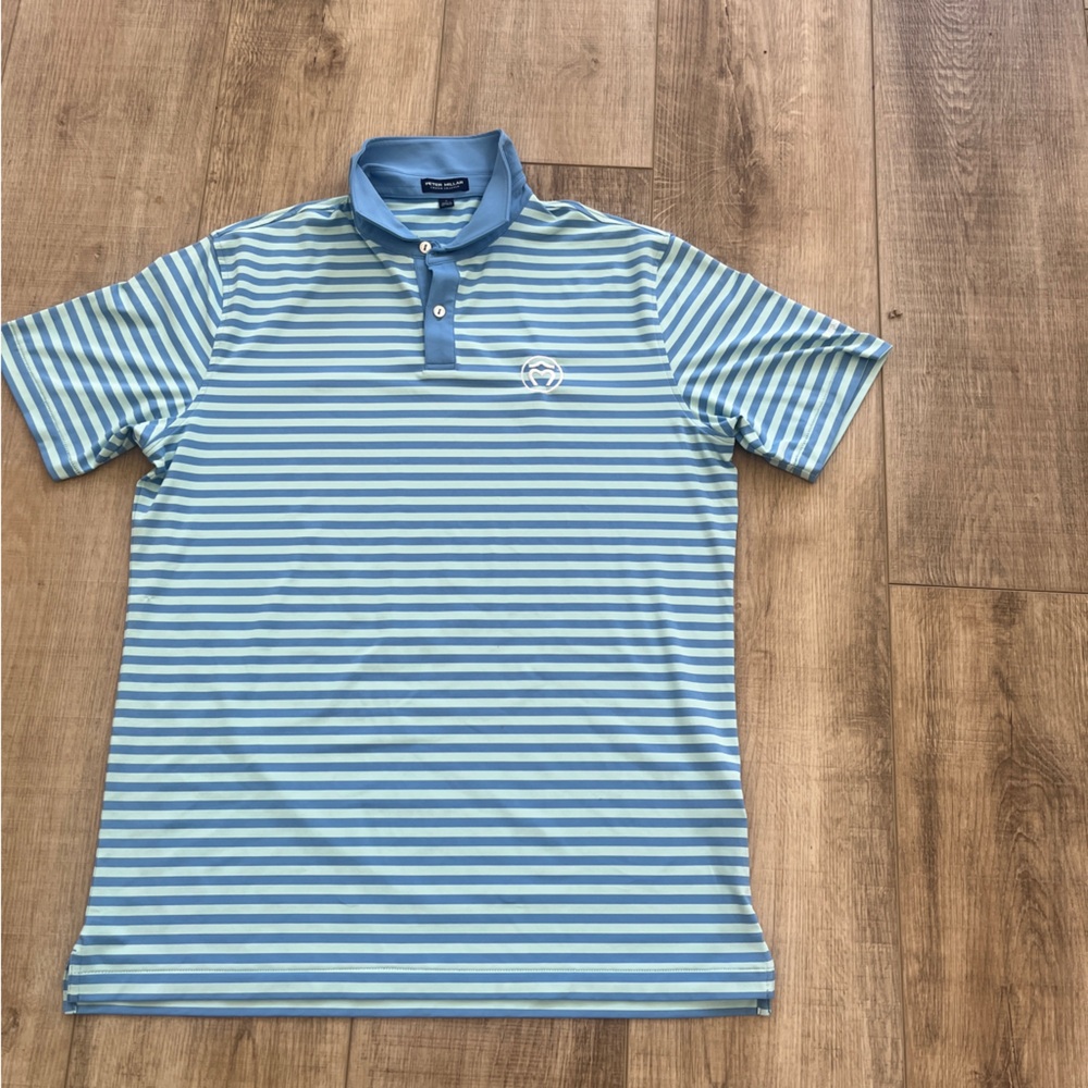 Peter Millar Striped Golf polo Shirt Crown Crafted Blue Teal Sz L Thursday Team